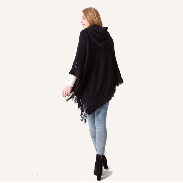 

scarves women winter knit hooded poncho cape crochet fringed tassel shawl wrap sweater, Blue;gray