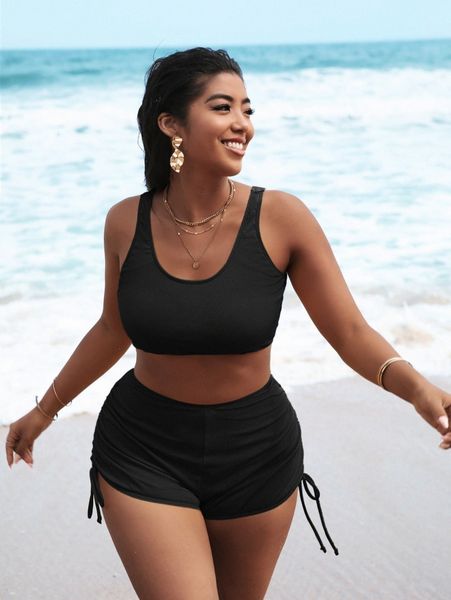 

plus rib drawstring side shorts bikini swimsuit r0vg#, Black