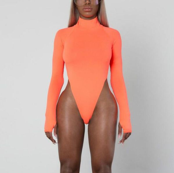 

women's jumpsuits & rompers neon color mock neck women bodysuit 2021 skinny playsuit long sleeve jumpsuit female romper, Black;white