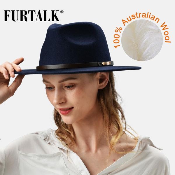 

stingy brim hats furtalk fedora hat women men 100% wool ladies fedoras wide jazz felt vintage autumn winter couple cap european 2021, Blue;gray