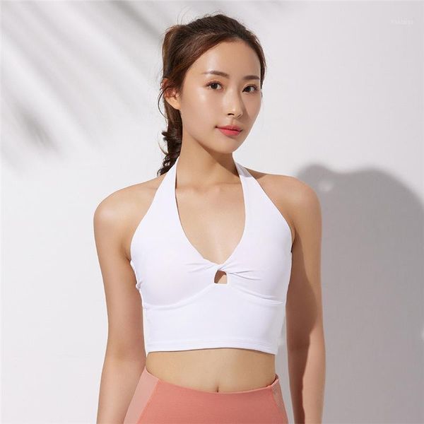

yoga outfit 2021 low-cut kink hollow gathered fitness vest with chest pad women beauty back bra hanging neck v-neck sports