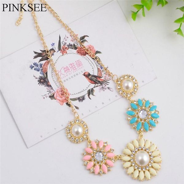

chokers pinksee cute colorful crystal simulated pearl flowers choker necklace for women clavicle chain trendy jewelry, Golden;silver