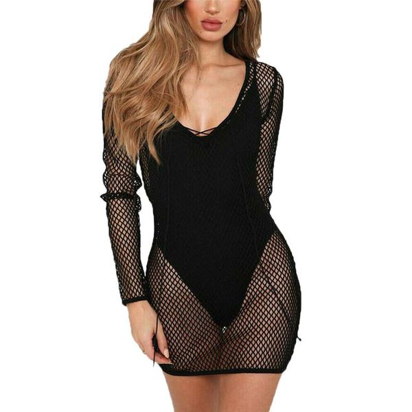 

casual dresses black white summer women crochet beach dress fashion holiday ladies long sleeve hollow out knitted solid cover sexy, Black;gray
