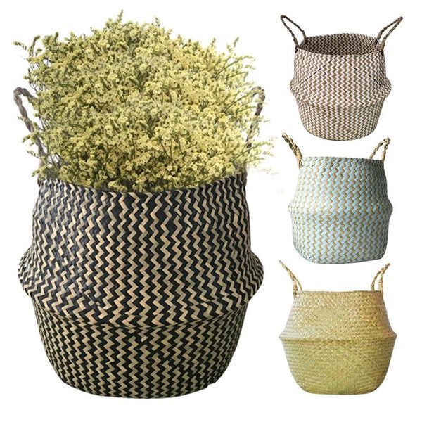 

storage baskets handmade woven basket folding clthoes laundry straw wicker rattan seagrass belly garden flower pot plant