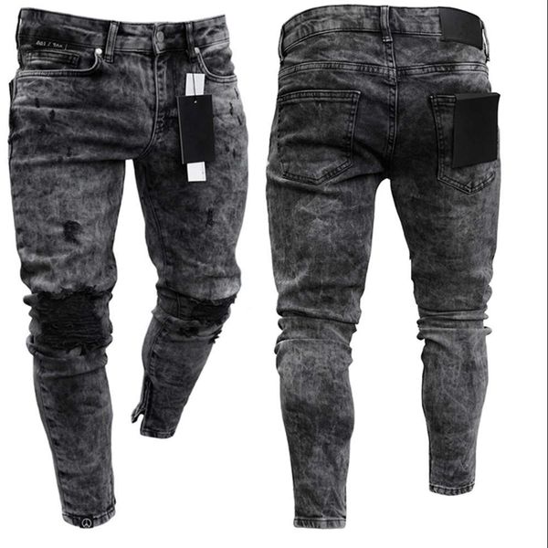 

hoge-elastic men skinny jeans black ripped biker men's foot monde rits jogging casual pencil long broek, Blue