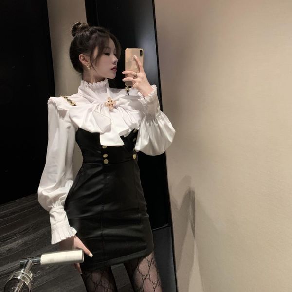 

fashion big bow tie stand collar shirt + leather skirt bag hip suspender short two-piece suit women's tracksuits, Gray