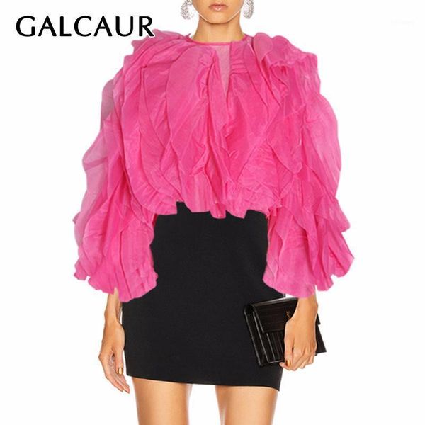 

women's blouses & shirts galcaur patchwork ruffles blouse women o neck lantern long sleeve lace up bow chiffon mesh female 2021 summer, White