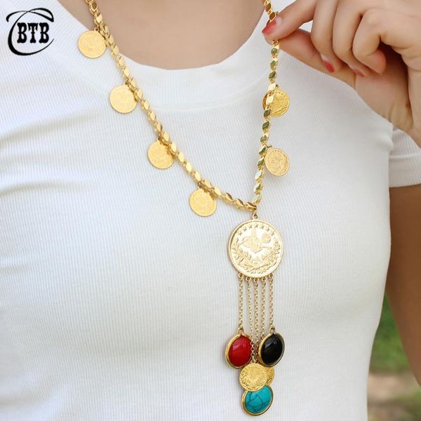 

pendant necklaces muslim luxury jewelry wedding gift natural color stone oman gold coin long tassel female necklace wholesale, Silver