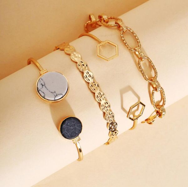 

creative vintage marble geometric chain bracelet set 4-pieces, Golden;silver
