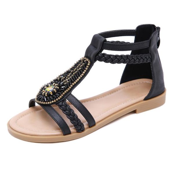 

sandals 2021 summer bohemia for women beach shoes women's flat big size fashion ladies rome a492, Black