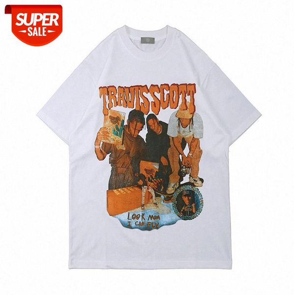 

american rock high street retro print t-shirt tide brand loose hip-hop character short-sleeved tee male #n72p, White;black