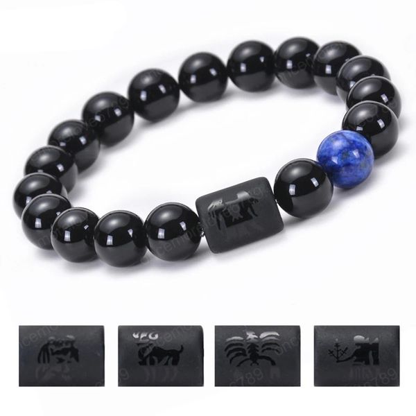 

12 constellation zodiac signs bracelets natural black agate stone strands bracelets elastic rope bracelet couple jewelry gift