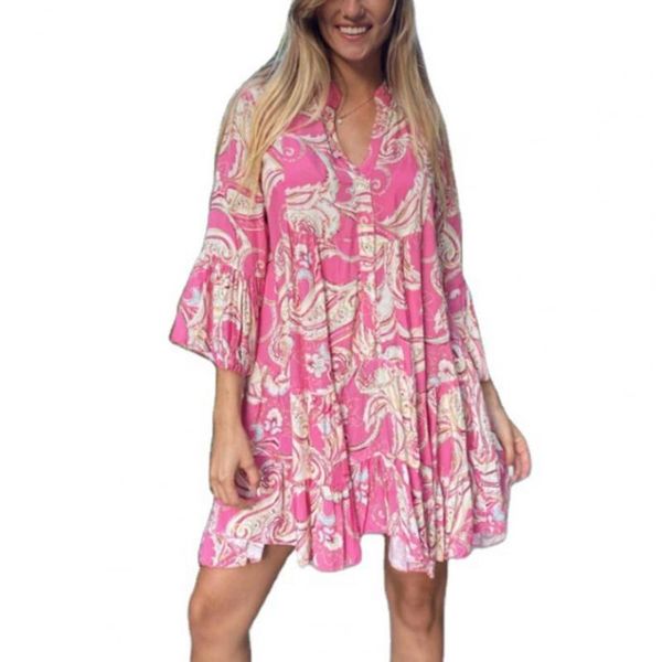 

casual dresses vintage women dress leisure flared sleeve ethnic printing ruffle loose for beach summer women's clothing 2021, Black;gray