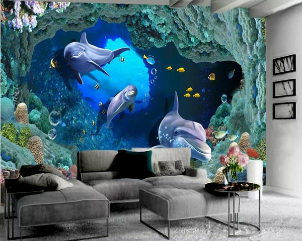 

po 3d wallpaper cute undersea dolphin indoor tv background wall decoration animal wallpapers