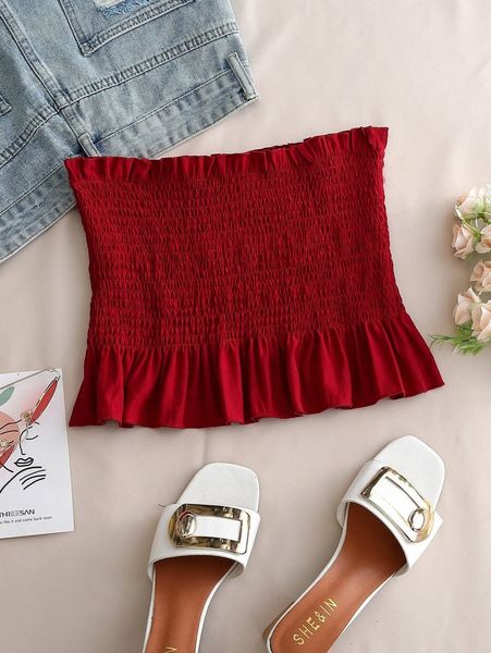 

frill trim shirred ruffle hem tube t9ov#, White
