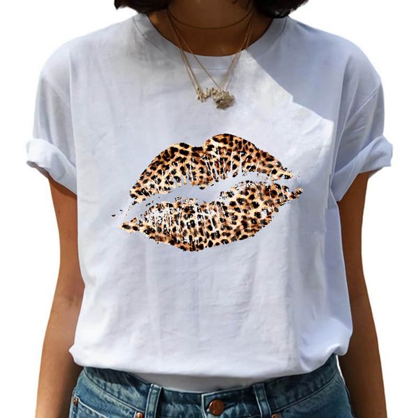 

2021 new leopard lips women t shirt vogue graphic shirt base o-neck tees kiss lip funny whisper words girls tshirts, White