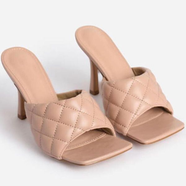 

pu diamond square head peep toe thin high heels slippers summer fashion slip on slides women mules party shoes zy475, Black