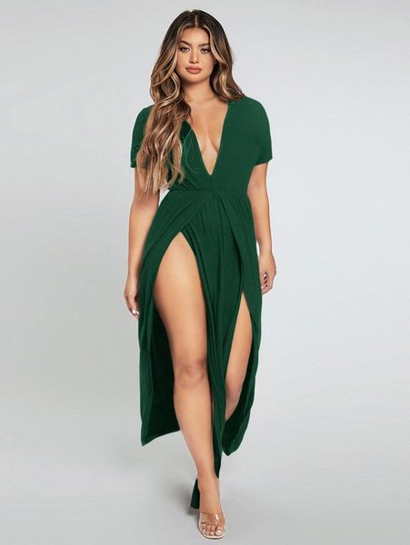 

plunging neck split thigh dress t50g#, Black;gray