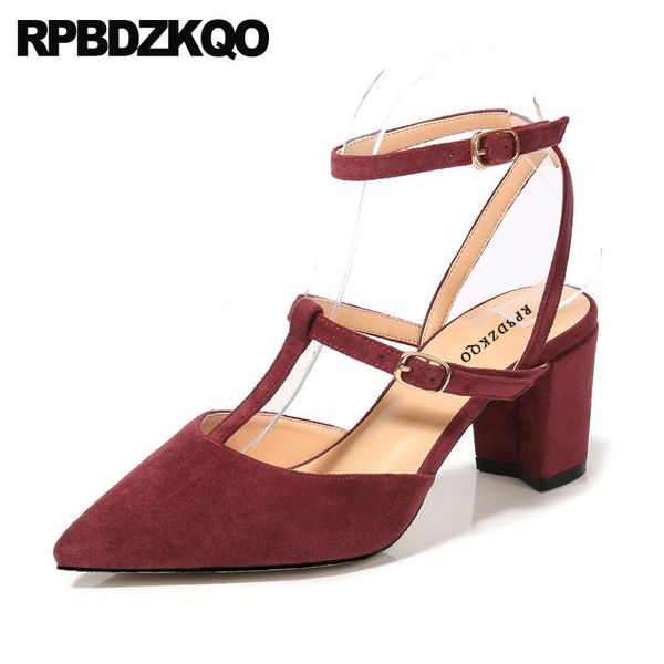 

casual pumps wine red customized strap size 33 suede block 4 34 medium heels pointed toe women fashion 2021 summer shoes sandals dress, Black