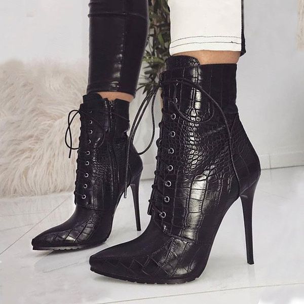 

boots 2021 luxury women 11.5cm high heels leather stripper serpentine ankle prom spring snake print pointy shoes xyz257, Black