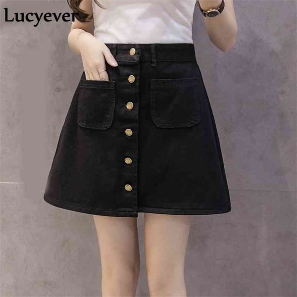 

lucyever denim women mini skirt summer vintage high waist korean single button pockets blue jeans a-line ladies saia jupe femme 210621, Black