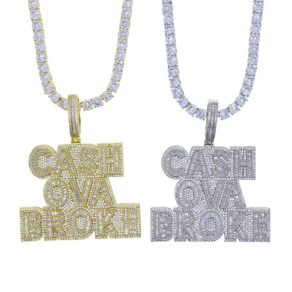 

chains iced out bling 5a cubic zircon letter cash ova broke pendant necklace hiphop rock fashion cz tennis chain jewelry for men boy, Silver