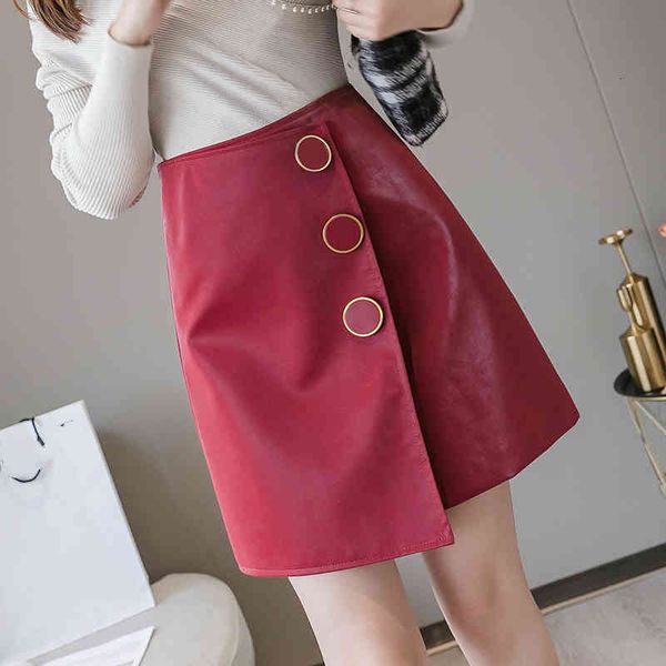 

casual dresses red irregular fluorescent a-line leather skirts single-breasted buttons slim hip mini wj3c, Black;gray