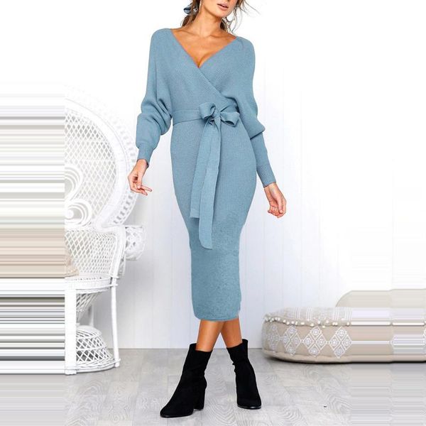 

casual dresses winter women knitted dress long sleeve elegant belted midi for evening party wedding guest bandage, Black;gray
