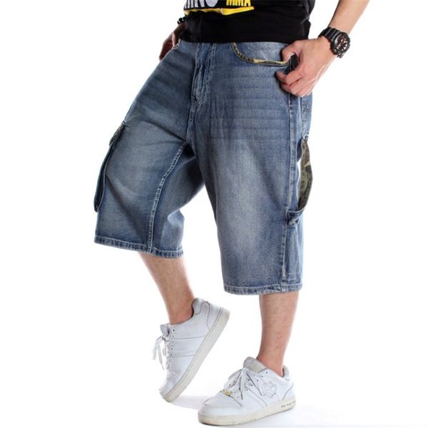 

mens plus size loose baggy denim short men jeans fashion streetwear hip hop long 3/4 cargo shorts pocket bermuda male blue 210716, White;black