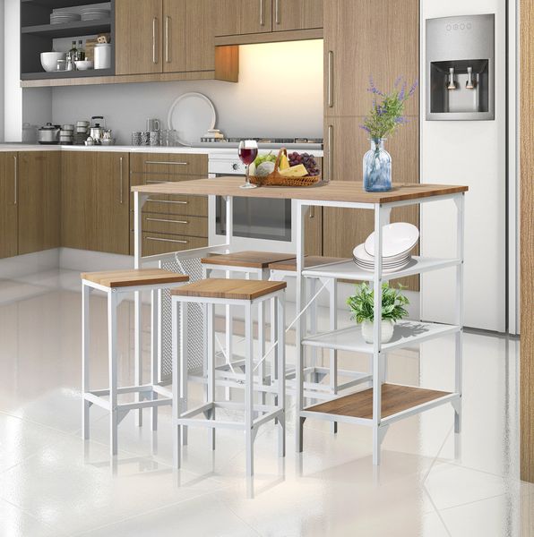 

5 piece counter height dining room table set industrial style bar pub with 4 backless stools for home oak finish