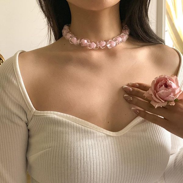 

chokers lovoacc sweet pink color love heart arcylic necklace for women girl temperament clear chunky chains choker necklaces pendientes, Golden;silver