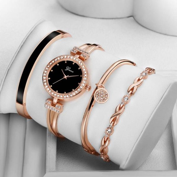 

wristwatches 4 pcs set nice watch women rose gold diamond bracelet luxury jewelry ladies female girl hour casual quartz, Slivery;brown