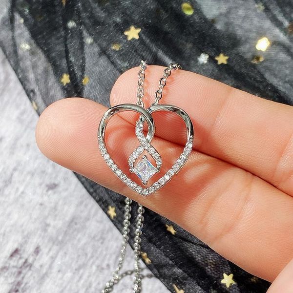 

chains fashion necklace for women stainless steel jewelry shining heart-shaped zircon pendant clavicle chain collares para mujer, Silver