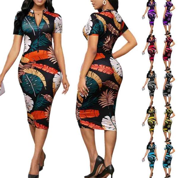 Sommer Kurzarm Zipper Banana Leaf Print Dünnes Kleid Frauen Mode Sexy Tiefem V-ausschnitt Knielangen Bodycon Femme 210517