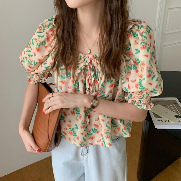 

women's blouses & shirts french retro puff sleeve floral chiffon shirt, White