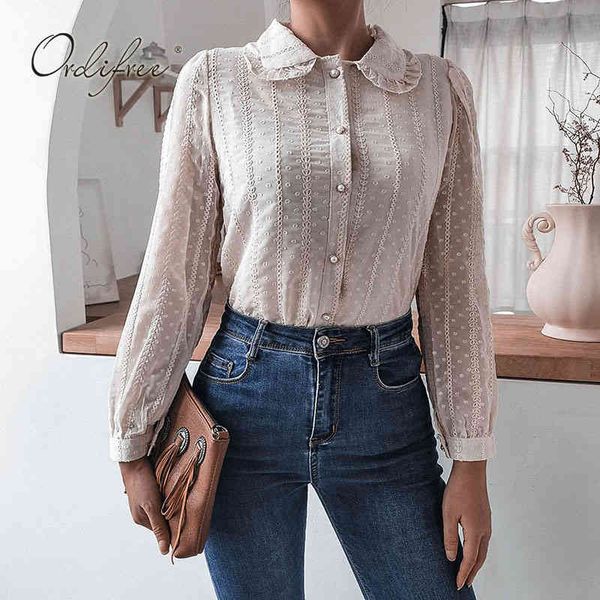 

summer vintage women lace shirt long sleeve single breasted embroidery office blouse sweet lady 210415, White