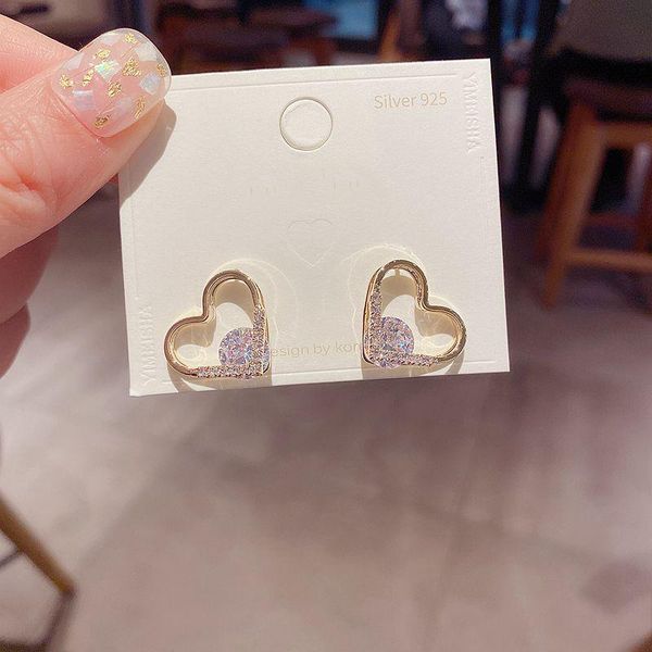 

delicate gold color heart earrings micro paved cubic zirconia cz stone stud women jewelry, Golden;silver