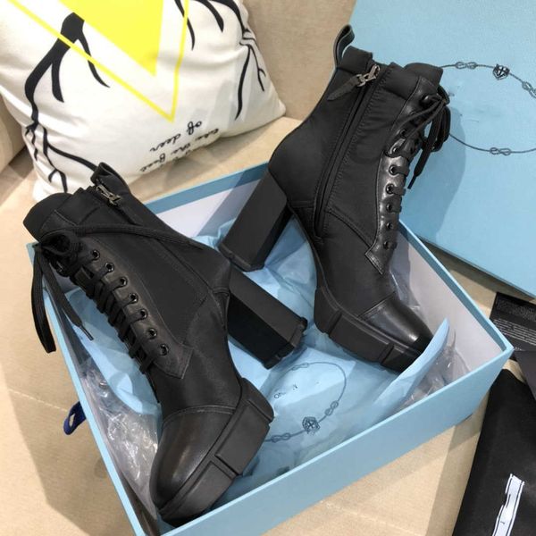 Couro de designer de luxo e tecido de náilon botas de tornozelo fashion biker austrália botas femininas de inverno plataforma tênis tamanho eur 35-41 (com caixa)