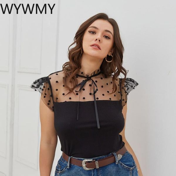 

fashion women dot print loose mesh short sleeve stitching t-shirt lady summer casual transparent plus size women's, White
