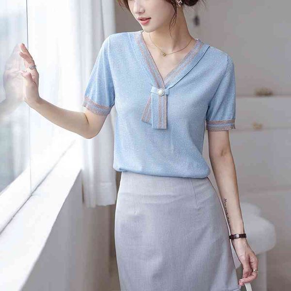 

women's t-shirt 2021 summer bright silk patchwork knitted t women v-neck elegant thin pullover fashion tee femme slim w9q2, White