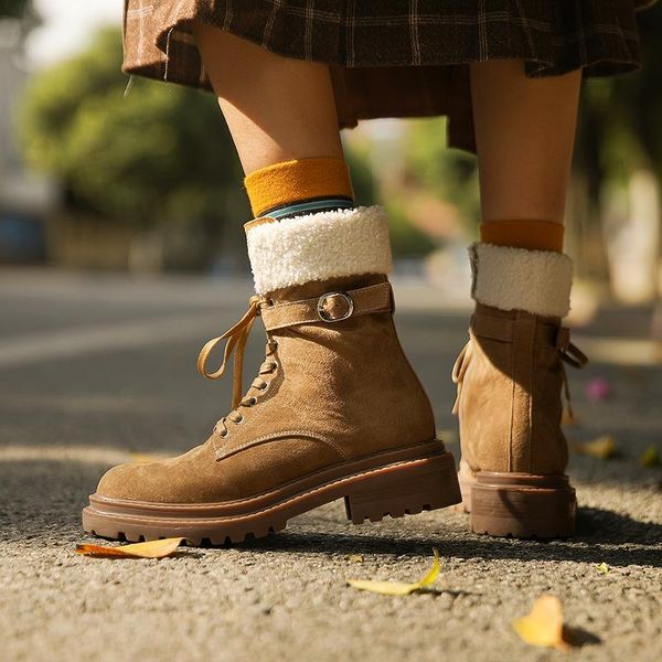 

boots 2021 est suede leather ankle women fashion casual shoes lace up buckle autumn winter motorcycle woman, Black