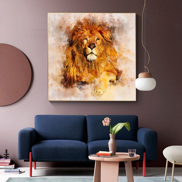 Современное искусство настенные акварельные льва изображения холст живопись животных плакаты и отпечатки для гостиной детская комната декор