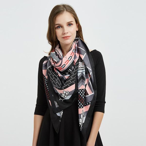 

scarves 130cm big handkerchief scarf black blue grayprint twill silk scarfs square women kerchief for ladies shawl, Blue;gray