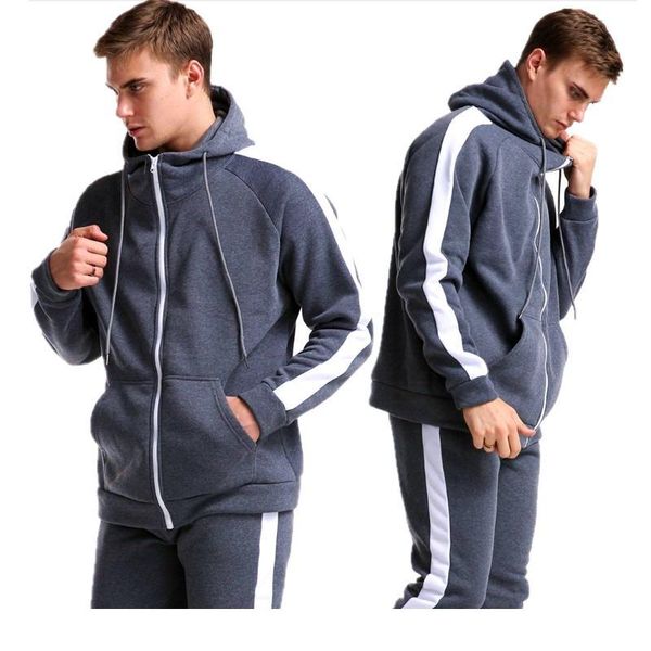

men's hoodies & sweatshirts solid color sportswear sets patchwork zipper tracksuit men spring casual hooded sweatshirt 2pc+pants joggin, Black