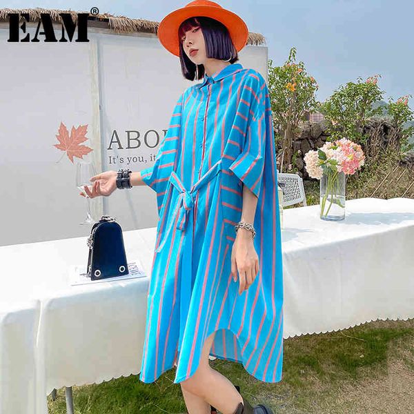 

[eam] women blue big size striped sashes casual dress lapel half sleeve loose fit fashion spring summer 1dd8271 210512, Black;gray