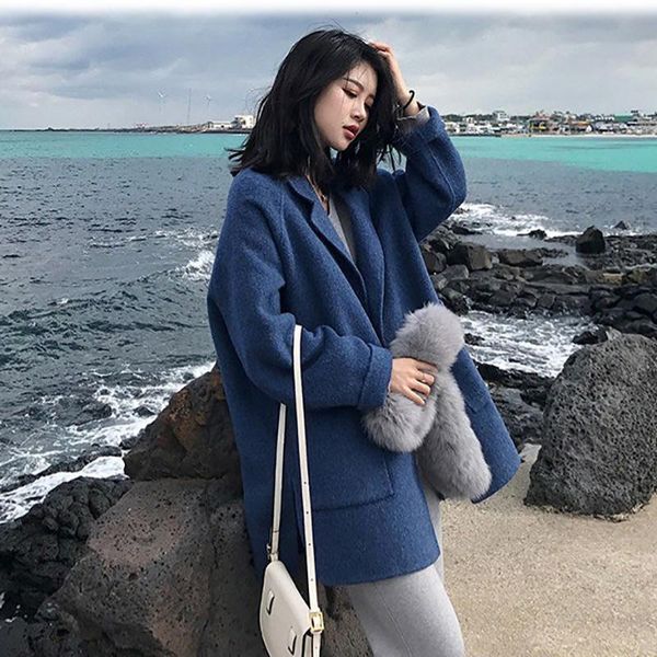 

women's wool & blends suit style woolen coat for women 2021 autumn winter korean fashion mid-length elegant haze blue long sleeve uniqu, Black