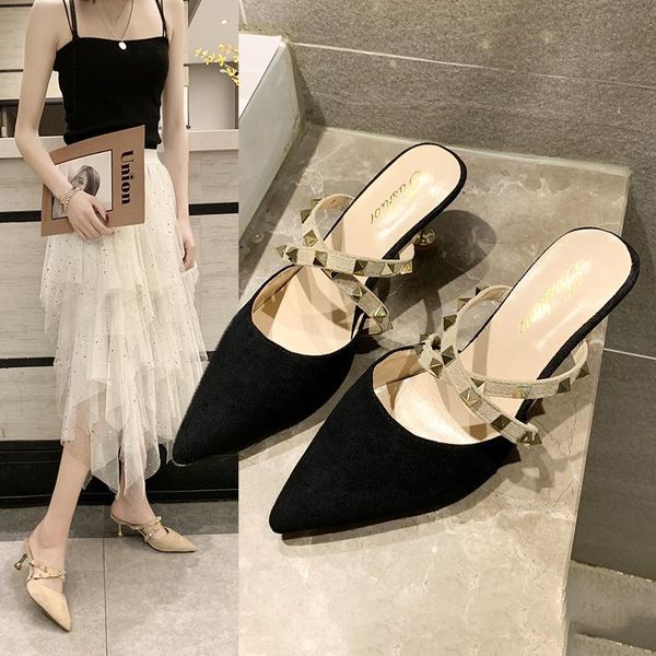

high-heeled shoes lady ladies' slippers med luxury slides cover toe rivet slipers women designer pointed thin 2021 soft fabric r, Black