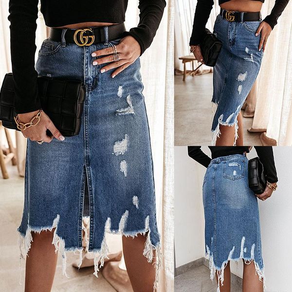 

skirts plus size jean fashion women 2021 summer tassel, Black