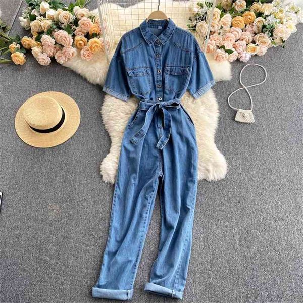 Chic Retro Jeans Frauen Mode Tragen Große Taschen Hohe Taille Slim Casual Jumpsuit Kurzarm Playsuits S108 210527