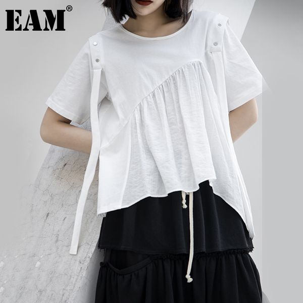 

[eam] women asymmetrical pleated off shoulder blouse round neck short sleeve loose fit shirt fashion spring summer 1dd8479 21512, White